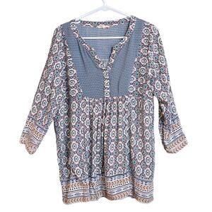 Easel Tunic Top‎ Blouse V Neck Three Quarter Sleeve Size Medium Blue Boho Artsy